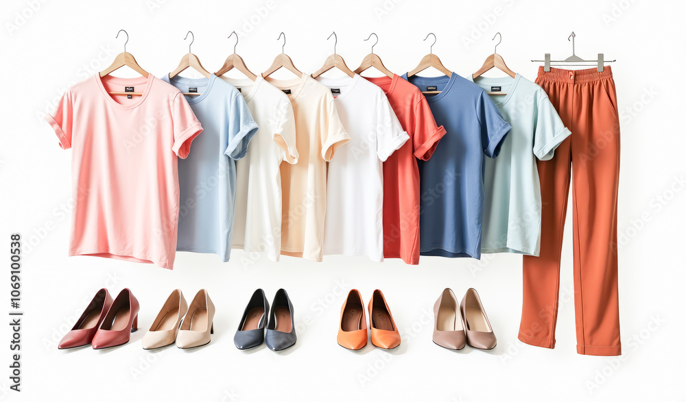women's wardrobe with clothes and shoes on a white background women's wardrobe with clothes and shoes on a white background