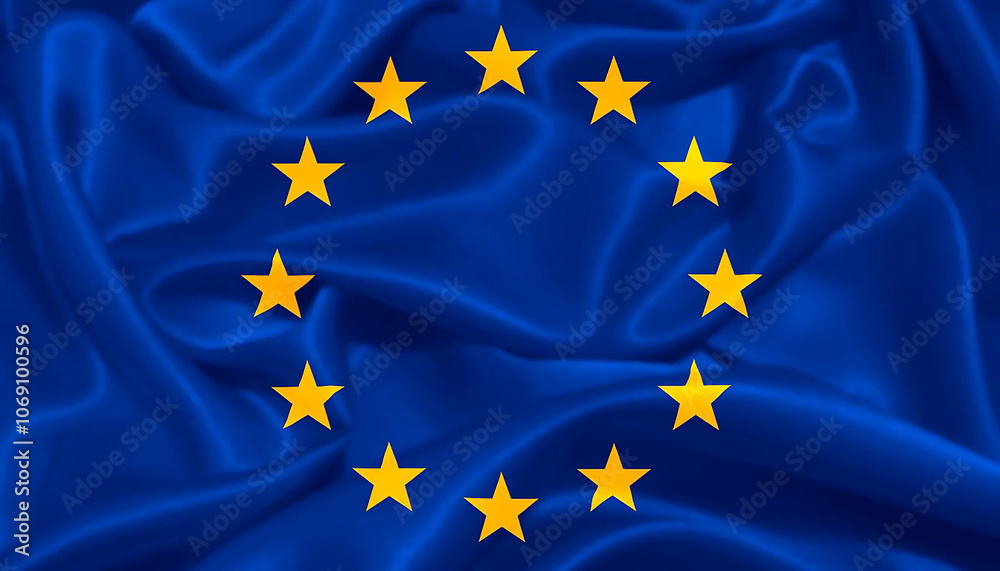 European Union flag waving in the wind with blue background and yellow stars European Union flag waving in the wind with blue background and yellow stars