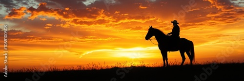 A lone cowboy rides his horse into the sunset, silhouetted against the fiery sky photo