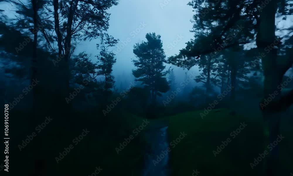 Aerial fpv racing drone flying over Misty forest at night with moonlight. Foggy wood path. Spooky and mysterious Aerial fpv racing drone flying over Misty forest at night with moonlight. Foggy wood path. Spooky and mysterious
