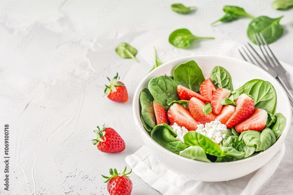 A summer salad with spinach, strawberries, and feta cheese in a white bowl on a light background. A perfect combination of fresh ingredients for healthy eating. A summer salad with spinach, strawberries, and feta cheese in a white bowl on a light background. A perfect combination of fresh ingredients for healthy eating.