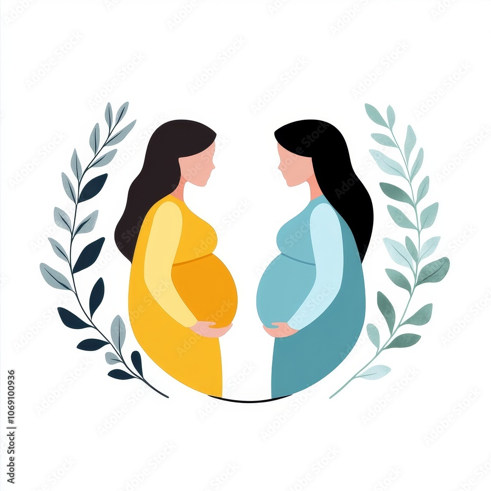 35 weeks gestation clipart, twins pregnancy, vector art, health and motherhood, isolated on white background