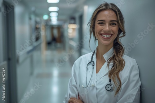 Smiling female doctor in hospital hallway