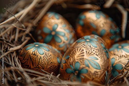 Exquisitely decorated Easter eggs with gold detailing sit in a woven basket, embodying the beauty of traditional Easter crafts.
