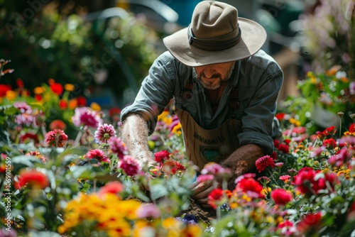 A gardener in a wide-brimmed hat carefully tends to vibrant flowers in a garden, surrounded by blooming plants. His focus and dedication are evident as he works closely with the soil and plants.