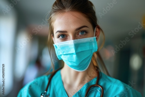 Young female nurse at camera wearing surgical mask and scrubs photo