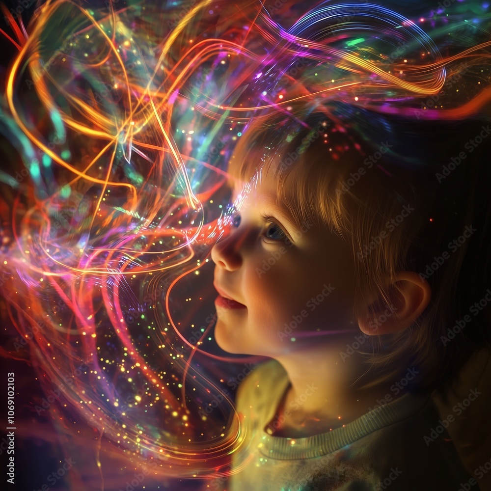 A child immersed in bursting colorful lights, representing joy and the wonder of exploration. A child immersed in bursting colorful lights, representing joy and the wonder of exploration.