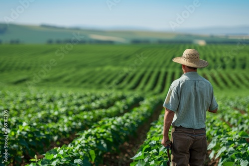 A farmer in a plaid shirt and straw hat gazes over an expansive field of crops. 