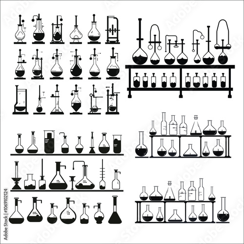 Scientific Laboratory Elements Silhouette, Chemistry lab Elements silhouette on a White Background