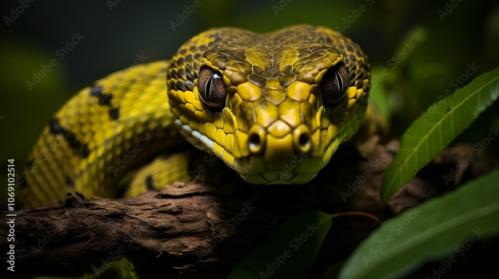 Photorealism. A green snake on a golden glitter background with copy space, golden bokeh Photorealism. A green snake on a golden glitter background with copy space, golden bokeh