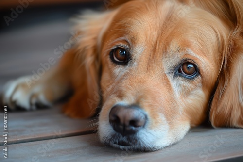 A close-up of a golden retriever lying down, capturing its calm expression and soulful eyes.