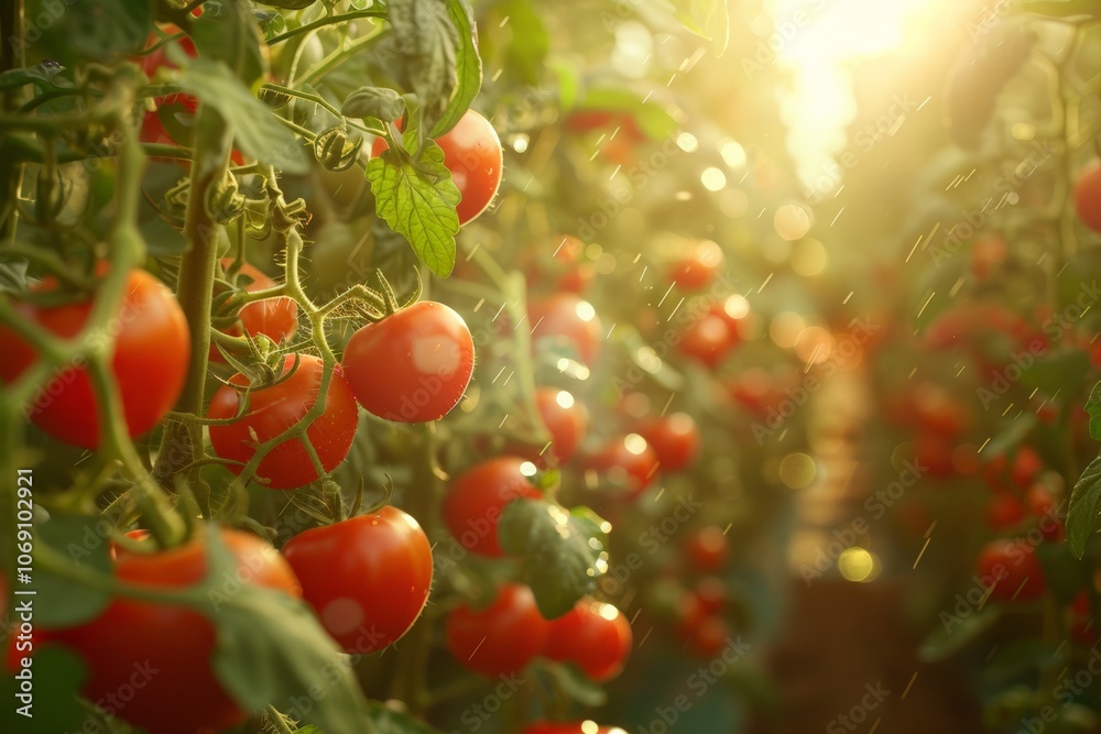 Lush, ripe red tomatoes hanging from vines in a sunlit greenhouse or garden. Lush, ripe red tomatoes hanging from vines in a sunlit greenhouse or garden.