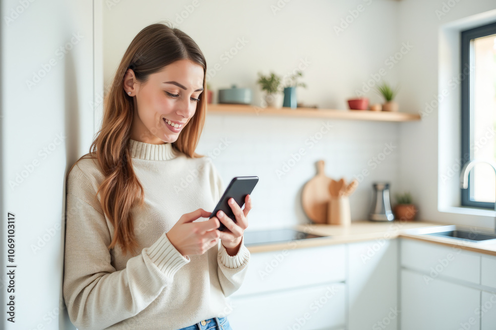 a woman in a bright kitchen is typing on her phone ,chatting in a messenger a woman in a bright kitchen is typing on her phone ,chatting in a messenger
