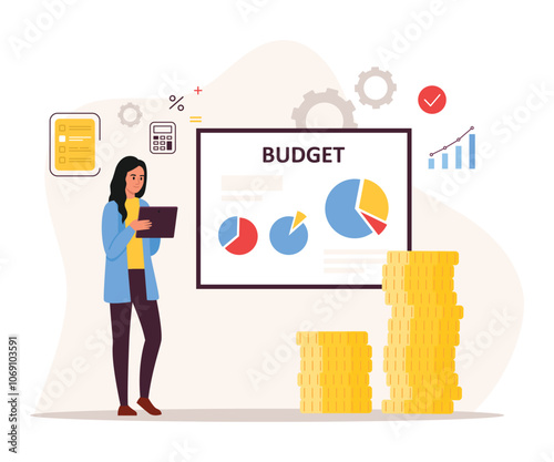 Vector illustration of budget analysis. Cartoon scene of a girl calculating profits, holding a tablet, a chart board,a graph,a calculator,a to-do list, a stack of coins isolated on a white background.