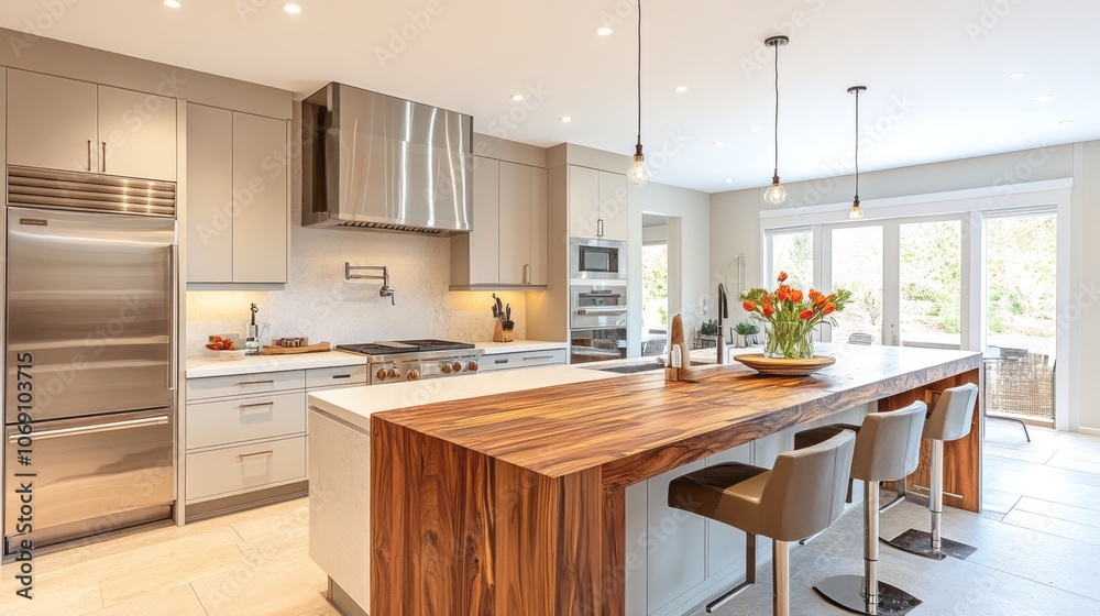 Modern Kitchen with Stainless Steel Appliances and Wooden Countertop Modern Kitchen with Stainless Steel Appliances and Wooden Countertop