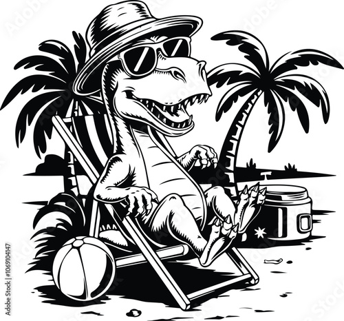 Cool dinosaur summer time design vector black and white illustration ready to print on a white background