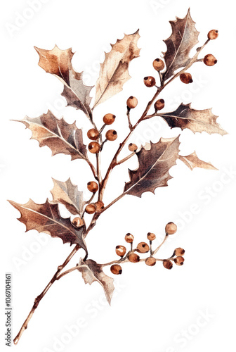 PNG Dry holly branches watercolor winter illustration.