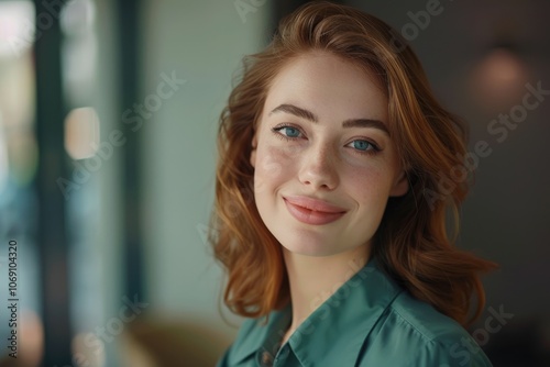 Closeup portrait of attractive young businesswoman wearing green shirt smiling.