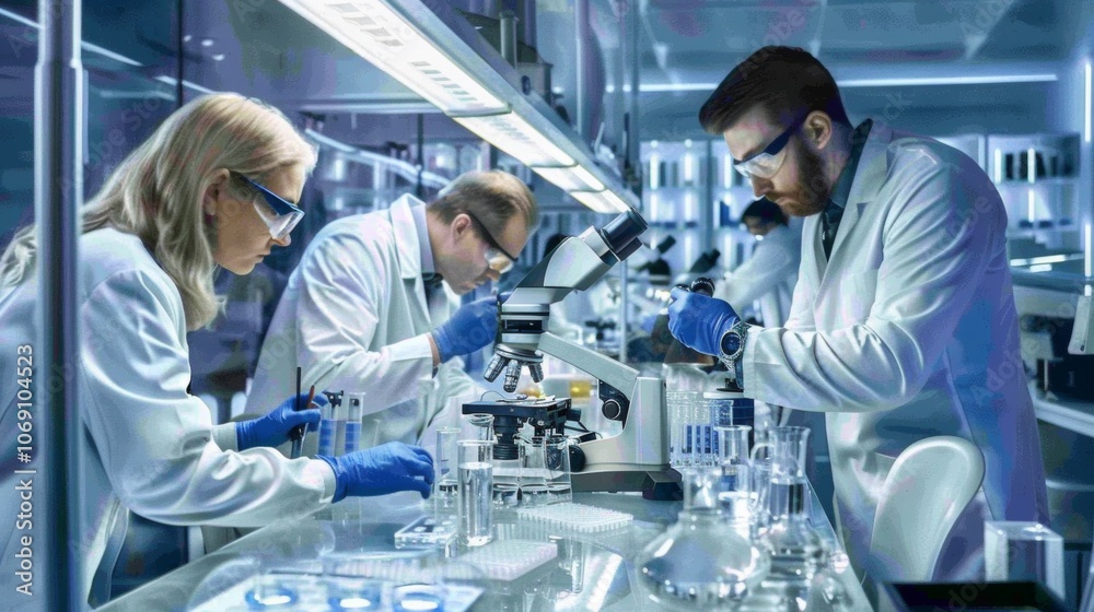 Scientists conduct research using advanced microscopes and robotic equipment in a modern high-tech laboratory, showcasing innovations in scientific discovery Scientists conduct research using advanced microscopes and robotic equipment in a modern high-tech laboratory, showcasing innovations in scientific discovery