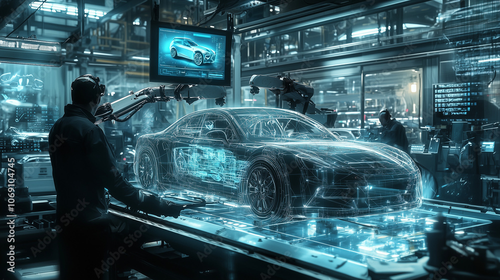 Futuristic Car Production Line with Robotic Arm and Holographic Display Showcasing High-Tech Automotive Design in Transparent Digital Screen Futuristic Car Production Line with Robotic Arm and Holographic Display Showcasing High-Tech Automotive Design in Transparent Digital Screen