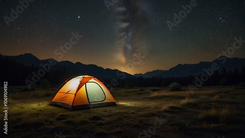 Night Sky Camping Scene with Glowing Tent and Milky Way Galaxy in Background