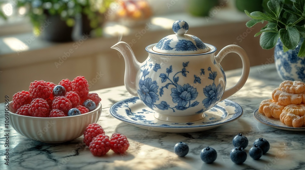 Elegant blue floral teapot with fresh berries on sunny marble counter Elegant blue floral teapot with fresh berries on sunny marble counter