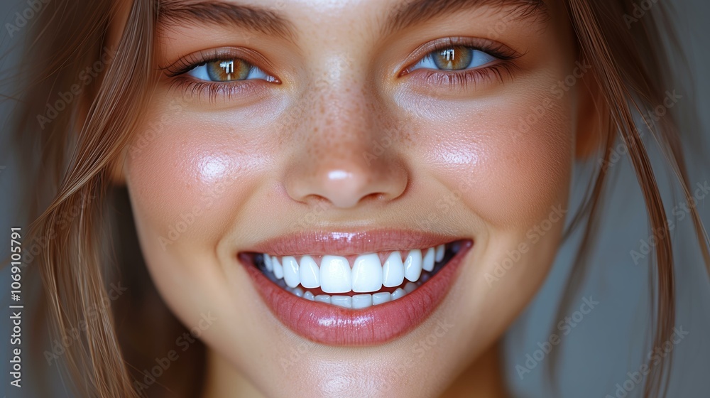 Close-up portrait of a smiling woman with healthy skin and bright eyes
