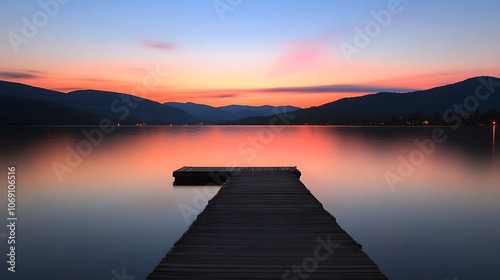 A lakeside at twilight with calm water, vibrant sky reflections, and a wooden pier.