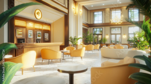 A stylish hotel lobby with a luxurious conference room, spa, and restaurant is waiting for guests. The cozy and inviting atmosphere makes it feel like a relaxing resort.