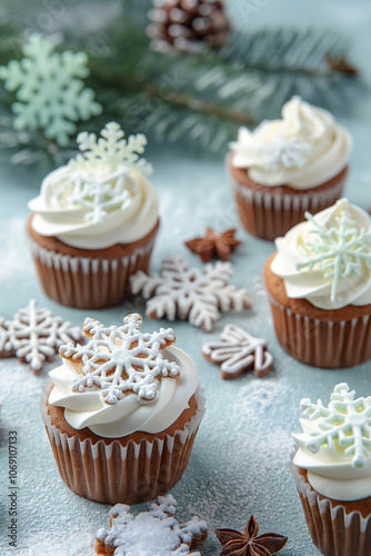 Fresh baked delicious Christmas muffins with cream and Snowflakes winter holidays decorations. Tasty cupcakes with frosting and sprinkle. Christmas cozy decoration.