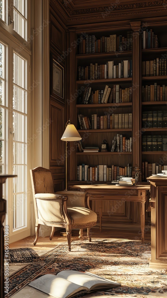 Serene Study with Classic Wood Bookcase and Light Serene Study with Classic Wood Bookcase and Light