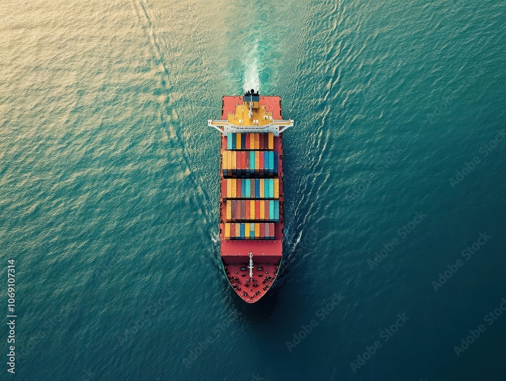 aerial view of a cargo container ship navigating the open sea, with vibrant colors and intricate patterns illustrating the vastness of global shipping and logistics aerial view of a cargo container ship navigating the open sea, with vibrant colors and intricate patterns illustrating the vastness of global shipping and logistics