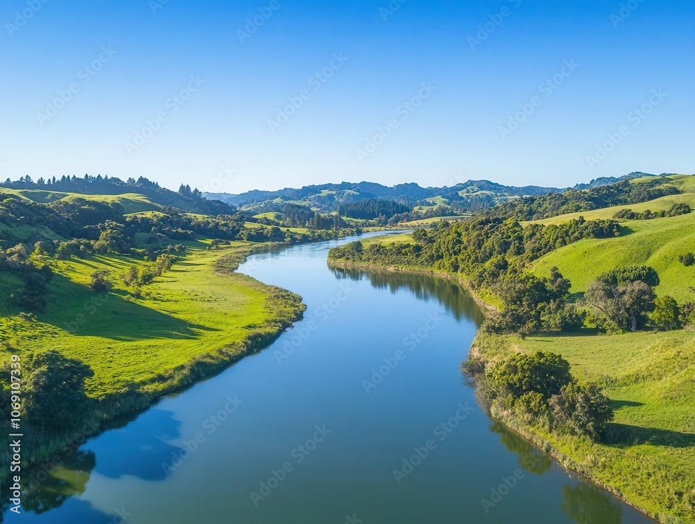 Obraz premium aerial view of a serene river meandering through lush, rolling hills under a clear blue sky, creating a harmonious blend of natural beauty and tranquility, perfect for nature lovers