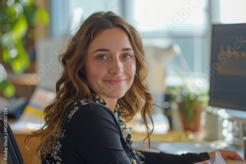 Young businesswoman sitting at desk and working. Smiling and looking back at camera
