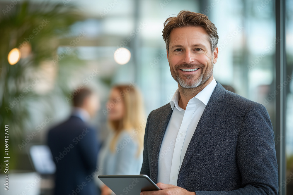 Happy businessman standing in an office, using a tablet computer Happy businessman standing in an office, using a tablet computer
