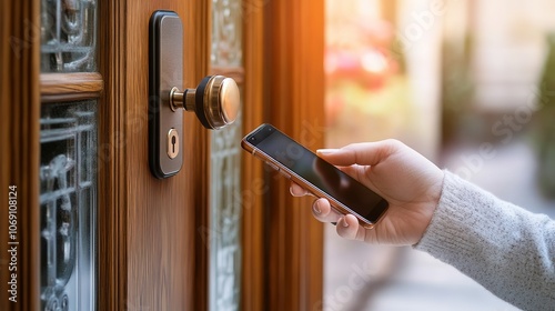 Hand holding smartphone unlocking smart door, representing mobile access for secure smart home 4k Resolution 