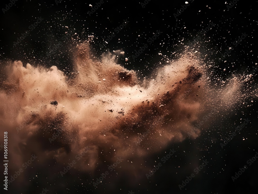 an explosion of sand particles against a deep black background, creating dynamic splashes and textures, evoking a sense of movement and energy, with contrasting colors enhancing visual impact an explosion of sand particles against a deep black background, creating dynamic splashes and textures, evoking a sense of movement and energy, with contrasting colors enhancing visual impact