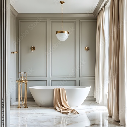 A luxurious bathroom featuring elegant marble floors, a freestanding tub, and opulent gold fixtures. The design creates a sophisticated and indulgent space, perfect for relaxation and comfort. photo