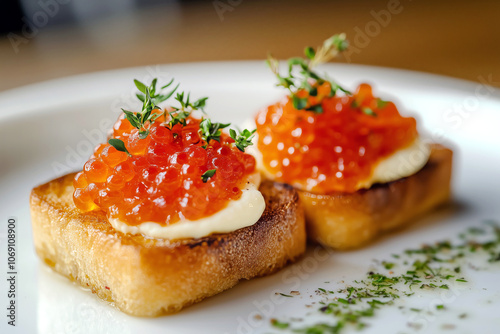 A gourmet dish featuring red caviar delicately placed on top of a buttered toast, with fresh herbs as garnish.