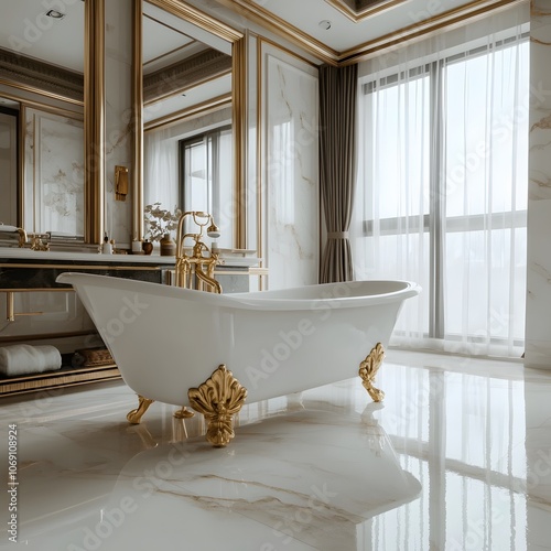 A luxurious bathroom featuring elegant marble floors, a freestanding tub, and opulent gold fixtures. The design creates a sophisticated and indulgent space, perfect for relaxation and comfort. photo