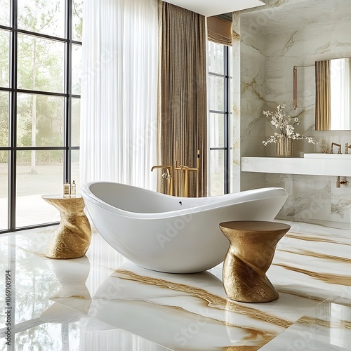 A luxurious bathroom featuring elegant marble floors, a freestanding tub, and opulent gold fixtures. The design creates a sophisticated and indulgent space, perfect for relaxation and comfort. photo