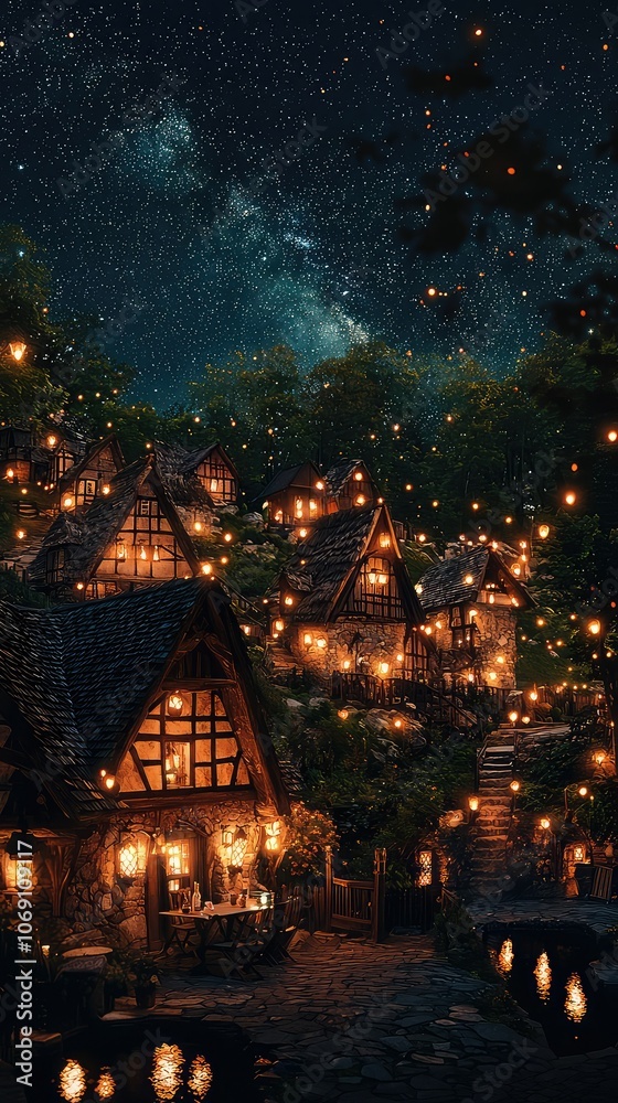 Enchanting Village Illuminated by Lanterns at Night Enchanting Village Illuminated by Lanterns at Night