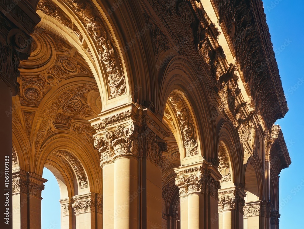 architectural view of grand column arches, showcasing intricate details against a clear blue sky, evoking classical beauty and the majesty of historic buildings architectural view of grand column arches, showcasing intricate details against a clear blue sky, evoking classical beauty and the majesty of historic buildings