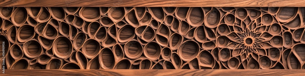 Detailed geometric laser cuts showcased on walnut. Detailed geometric laser cuts showcased on walnut.