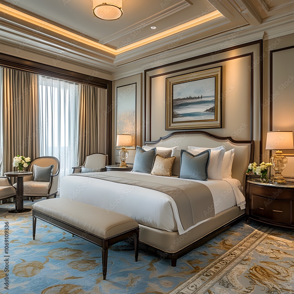 A luxurious master bedroom featuring a king-size bed, plush bedding, and elegant decor A luxurious master bedroom featuring a king-size bed, plush bedding, and elegant decor