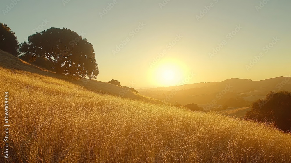 Golden Hour Serenity, Rolling Hills Bathed in Warm Sunset Light, California Landscape Golden Hour Serenity, Rolling Hills Bathed in Warm Sunset Light, California Landscape