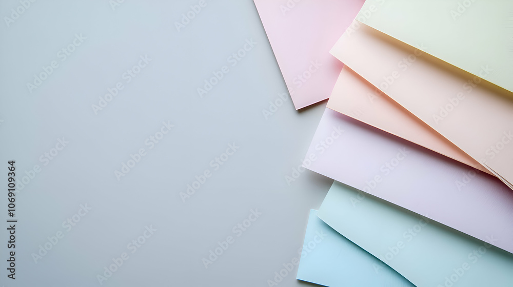 Colorful paper sheets arranged in a diagonal pattern on a gray background, leaving space for text. Colorful paper sheets arranged in a diagonal pattern on a gray background, leaving space for text.