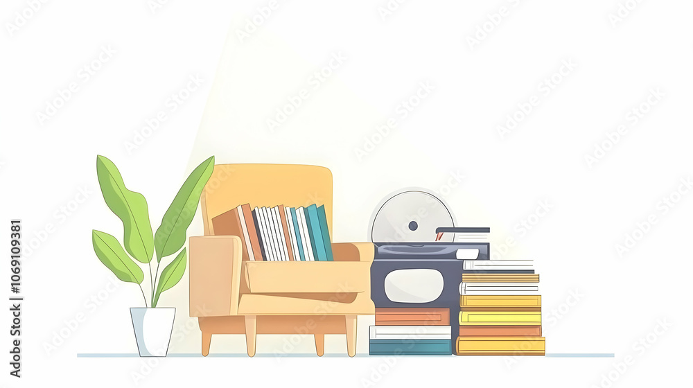 Cozy living room with armchair, books, and plant. Cozy living room with armchair, books, and plant.
