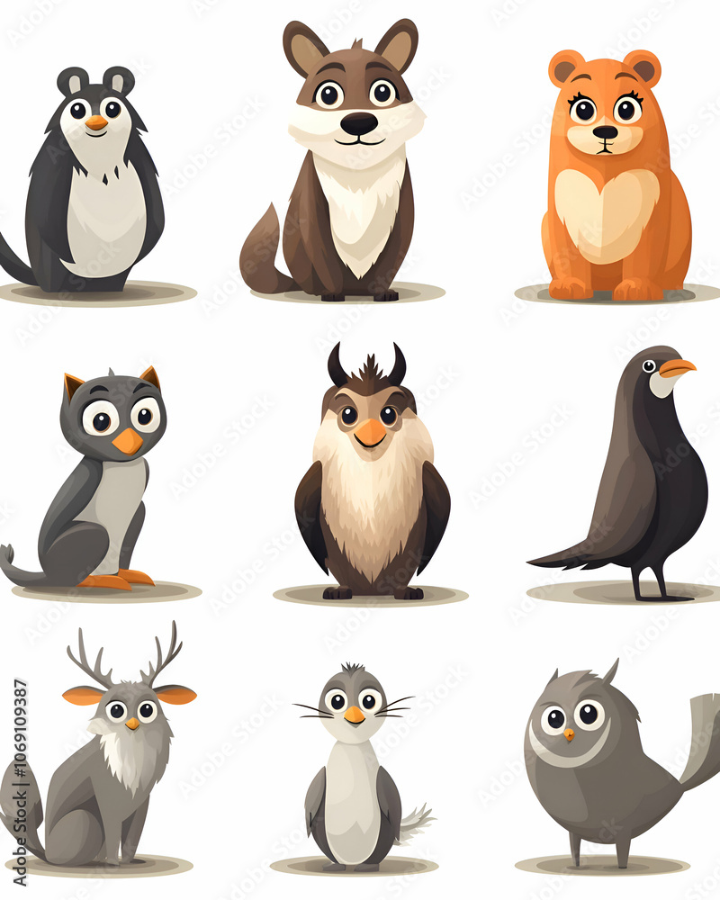 Obraz premium Cute cartoon animals including penguin, wolf, bear, cat, owl, bird, deer.