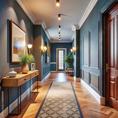 large wall in the interior of a stylish hallway in the house  good furniture and furnishings  cozy atmosphere